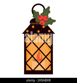 Paesaggio interno Lanterna di Natale con candela, illustrazione vettoriale a colori in stile cartone animato. Illustrazione Vettoriale