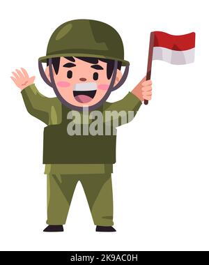 Bambini che detengono la bandiera indonesiana indossando un soldato militare con casco Illustrazione Vettoriale