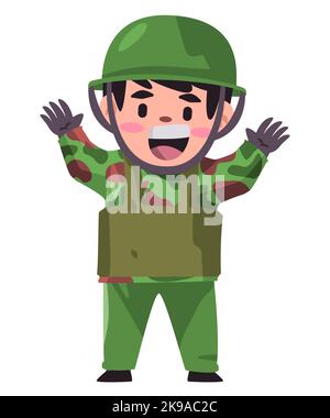 Bambini che indossano militare mimetizzazione militare con casco verde armato e giubbotto kevlar Illustrazione Vettoriale