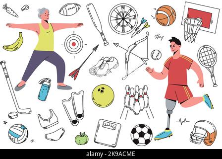 Set di illustrazioni vettoriali disegnate a mano di icone di doodle sportive. Attrezzature sportive e accessori con palle, racchetta, casco, pinne, bilance, scarpe e cibo sano. La gente gioca a calcio e fa il fitness Illustrazione Vettoriale