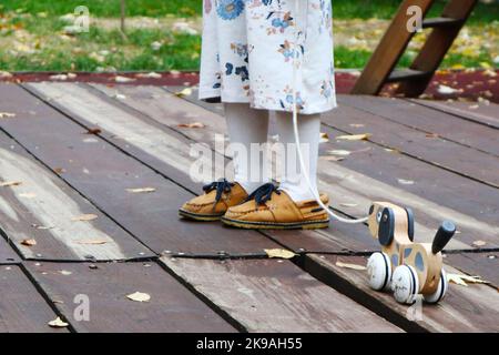 le gambe di una bambina e di una sedia a rotelle giocattolo di legno. belle scarpe per bambini. colori dell'autunno Foto Stock