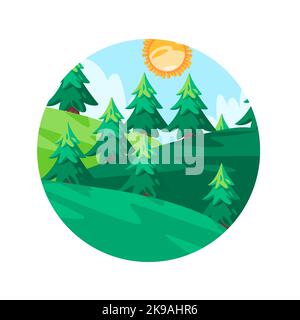 Pineta albero paesaggio naturale illustrazione cerchio rotondo icona logo Illustrazione Vettoriale