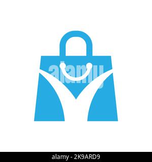 Design del logo della shopping bag con il sorriso e l'icona della lettera U. Illustrazione Vettoriale