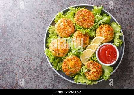 succulenta e deliziosa cotoletta di pollo fritta con formaggio, carote, zucchine ed erbe in un piatto sul tavolo. Vista orizzontale dall'alto Foto Stock