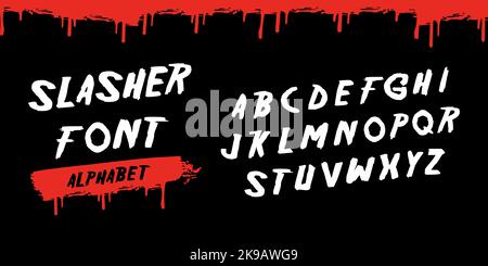 Slasher titolo Alphabet, genere di film di orrore. Carattere spaventoso di Halloween. Tipografia sanguinosa. Elementi decorativi ABC. Illustrazione Vettoriale