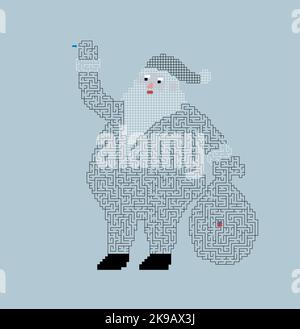 Illustrazione vettoriale di gioco di Puzzle labirinto per bambini con il carattere di Babbo Natale e sacco di regali di Natale. Labirinto all'interno del contorno di Santa. Illustrazione Vettoriale