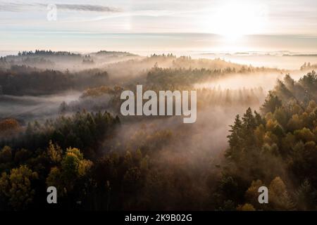 Ostrzyce, Polonia. 14th Set, 2017. (NOTA PER I REDATTORI: Immagine scattata con il drone)Una vista all'alba piena di nuvole vista sopra la foresta vicino a Ostrzyce in Kashubia. Kashubia è una regione culturale della Polonia settentrionale, parte della Pomerania di Danzica. Ci sono oltre 500 laghi nel Kashubian Lake District, i laghi sono alti fino al 3,5% della zona del mesoregione. La regione è abitata da kashubiani che parlano la lingua kashubiana, che ha lo status di lingua regionale in Polonia dal 2005. (Foto di Mateusz Slodkowski/SOPA Images/Sipa USA) Credit: Sipa USA/Alamy Live News Foto Stock