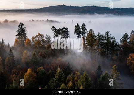 Ostrzyce, Polonia. 14th Set, 2017. (NOTA PER I REDATTORI: Immagine scattata con il drone)Una vista all'alba piena di nuvole vista sopra la foresta vicino a Ostrzyce in Kashubia. Kashubia è una regione culturale della Polonia settentrionale, parte della Pomerania di Danzica. Ci sono oltre 500 laghi nel Kashubian Lake District, i laghi sono alti fino al 3,5% della zona del mesoregione. La regione è abitata da kashubiani che parlano la lingua kashubiana, che ha lo status di lingua regionale in Polonia dal 2005. (Foto di Mateusz Slodkowski/SOPA Images/Sipa USA) Credit: Sipa USA/Alamy Live News Foto Stock