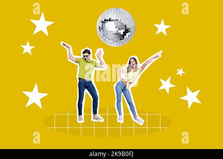 Foto creativa collage illustrazione di amici felici coppia ragazza ragazzo ballare in discoteca pista da ballo isolato su sfondo di colore blu Foto Stock