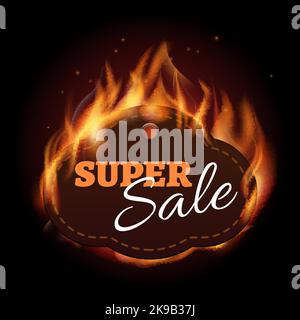 Super vendita tag in bruciare telaio. Bandiera di fuoco realistica Illustrazione Vettoriale