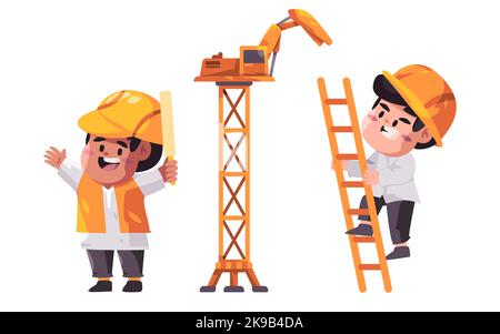 Gru e lavoratori edili che indossano il casco giallo duro di sicurezza costruttore industriale personaggio bambini sorriso Illustrazione Vettoriale