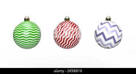 Bella coloratissima palline di Natale geometriche baubles, sfondo bianco, copia spazio e clipping percorso. Decorazioni in vetro di Natale realistiche in rendering 3D. Foto Stock