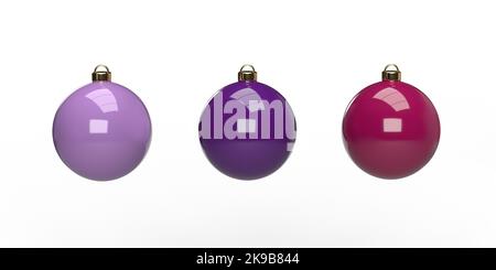 Bella tavola viola palle di Natale baubles su sfondo bianco, copia spazio e clipping path. Decorazioni in vetro di Natale realistiche in rendering 3D. Poster Foto Stock