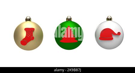 Bella colorful Natale motivi palle baubles su sfondo bianco, copia spazio e clipping path. Decorazioni in vetro di Natale realistiche in rendering 3D. Foto Stock