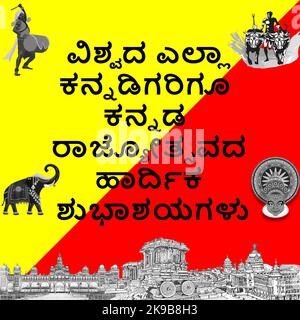 Kannada Rajyotsava saluti con Karnataka bandiera colore contenente riferimenti culturali. Il testo si traduce in felice Kannada Rajyotsava a tutti Kannadigas Foto Stock