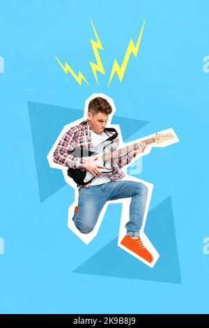 Esclusiva rivista immagine schizzo immagine di cool felice ragazzo che suona chitarra elettrica isolato sfondo pittura Foto Stock