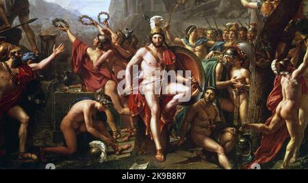 LEONIDA i con i suoi 300 spartani che detengono il passo a Thermopylae nel 480 a.C. Dipinto da Jacques-Louis David nel 1813, ora al Louvre Foto Stock