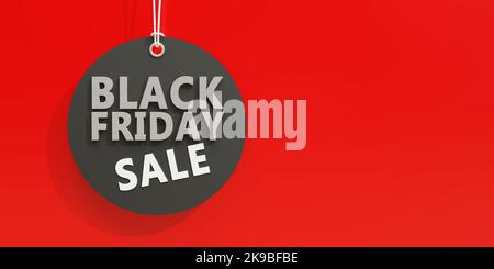 Black Friday Vendita prezzo tag. Etichetta shopping con testo, sfondo rosso, spazio copia. Modello di marketing per le offerte commerciali, rendering 3D Foto Stock