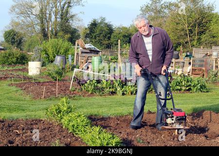 uomo, rotavando il suo giardino, usando un coltivatore per scavare il suo terreno. Pronto a piantare raccolti. Foto Stock