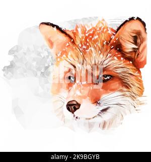 Illustrazione verticale FOX. L'animale guarda in lontananza. Fiocchi di neve nella sua pelliccia. Vettore in stile Poly basso. Illustrazione Vettoriale