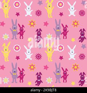 Motivo senza cuciture a forma di coniglio e di stella su sfondo rosa. Illustrazione Vettoriale