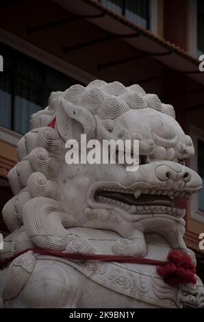 Statua di pietra cinese. Guardia leone cani o foo dog (fu cane) Foto Stock