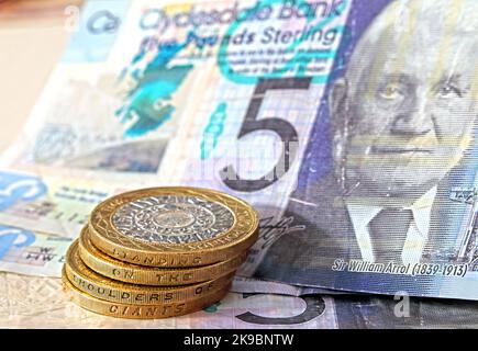 Banconote in sterline scozzesi, due monete da laghetto, una futura valuta temporanea dopo un eventuale successo del voto di indipendenza della SNP Foto Stock