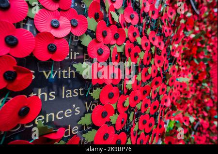 Londra, Regno Unito. 27th Ott 2022. Il Royal British Legion's Poppy Appeal 2022 viene lanciato con un muro di papaveri largo 6 metri che presenta storie di veterani, i beneficiari di RBL (molti dei quali hanno ricevuto un supporto lifechanging) e le loro famiglie - le persone dietro il papavero. I membri del pubblico sono stati invitati a prendere un papavero di carta dal muro per scoprire le storie. La carità sta esortando le persone a indossare un papavero quest'anno per dimostrare che si preoccupano e che il servizio e il sacrificio del personale di servizio, dei veterani e delle loro famiglie non saranno mai dimenticati. Credit: Guy Bell/Alamy Live News Foto Stock