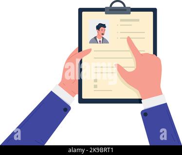Carta CV nelle mani. Il responsabile di Office controlla il curriculum del candidato isolato su sfondo bianco Illustrazione Vettoriale