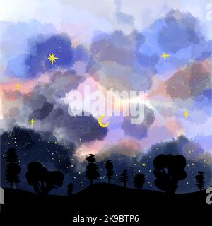 Paesaggio acquerello, cielo stellato nella foresta, disegnato a mano Illustrazione Vettoriale