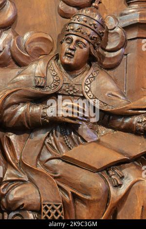 Pape Saint-Grégoire. Scultura sur bois. Chaire. Eglise Saint-Gervais-et-Protais. Saint-Gervais-les-Bains. Alta Savoia. Auvergne-Rhône-Alpi. Francia. Foto Stock