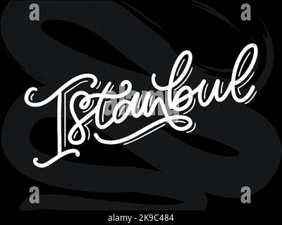 Istanbul. Scrittura a mano. Logo vettoriale di Istanbul in colore nero con gabbiani su sfondo bianco. Prodotti souvenir, emblema banner, blog di viaggio Illustrazione Vettoriale