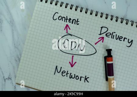 Concetto di CDR - Content Delivery Network Scrivi su un libro con statistiche isolate su tavola di legno. Foto Stock