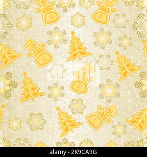 Texture senza cuciture dorate decorazioni natalizie pupazzo di neve e fiocchi di neve e albero di natale vintage vettore modificabile disegno a mano Illustrazione Vettoriale