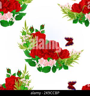 Texture senza cuciture floreale rosso Rose e farfalla vintage sfondo festivo vettoriale illustrazione editabile disegno a mano Illustrazione Vettoriale