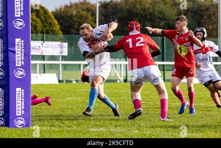 L'Inghilterra ha assunto il Galles nella 2022 Physical Disability Rugby League World Cup a Victoria Park, Warrington. Inghilterra segnare una prova Foto Stock