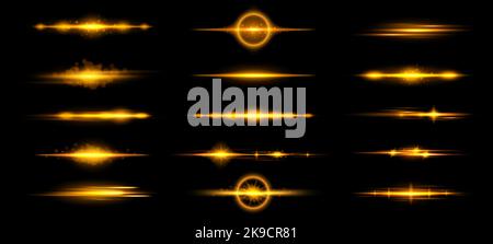 Lenti gialle svasate. Set vettoriale di sovrapposizione con fascio luminoso orizzontale, strisce di luce dorate e raggi luminosi caldi Illustrazione Vettoriale
