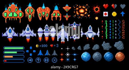 Elementi di gioco spazio di arte di pixel. 8bit astronavi, asteroidi e pianeti. Set di vettori Galaxy Wars arcade Assets Illustrazione Vettoriale