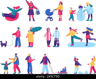 Inverno persone. Attività all'aperto di personaggi di famiglia in abiti caldi casual per passeggiate stagione fredda e giocare vettore Illustrazione Set Illustrazione Vettoriale