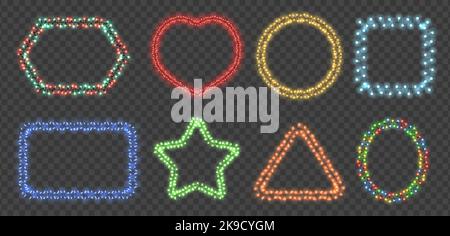 Cornici colorate per luci da ghirlanda. Luci natalizie bordo, cornice decorativa con lampade incandescenti vettore sfondo set Illustrazione Vettoriale