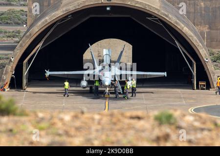 Un'Aeronautica spagnola F-18 in preparazione per una missione durante l'esercizio SIRIO 22. Foto Stock