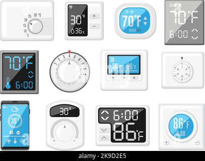 Termostato cartone animato. Controller intelligente per il riscaldamento e il raffreddamento della casa, termometro con manopola e pulsanti. Set di vettori per il controllo della climatizzazione della casa Illustrazione Vettoriale