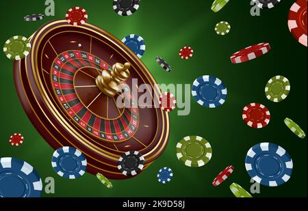 Bandiera della ruota della roulette. Gioco d'azzardo con ruota di rotazione e chip volante casinò. Lucky caso gioco 3D vettore Illustrazione Illustrazione Vettoriale