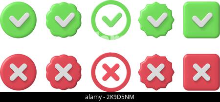 Selezionare 3D icone. Checklist segno di spunta verde e croce rossa. Accettazione e rifiuto, set di vettori di segno vero o falso e verificato Illustrazione Vettoriale