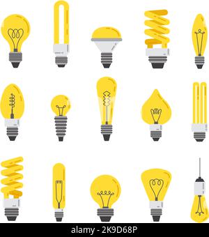 Lampadina piatta. Lampada a incandescenza, luci a LED a risparmio energetico e luminoso set di cartoni animati con simbolo idea Illustrazione Vettoriale