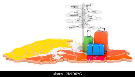 Concetto di viaggio Bhutan. Bandiera bhutanese sulla mappa con valigie e segnaletica, 3D rendering isolato su sfondo bianco Foto Stock