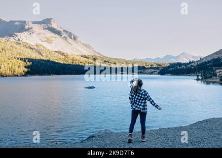 Donna escursionista godendo di vista sul bellissimo lago, vista dal retro. Parco nazionale di Yosemite, lago Tioga Foto Stock