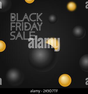 Black venerdì sfondo vendita con bolle d'oro. Banner Web sui social media per shopping, vendita, promozione dei prodotti. Modello per sito Web, app mobile, e-mail Illustrazione Vettoriale