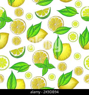 Modello con limone. Disegno fatto a mano. Motivo senza cuciture con limoni. Modello luminoso con frutta. Foto Stock