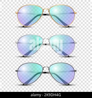 Set di occhiali Vector 3D Realistic con montatura rotonda e vetro trasparente blu e viola, occhiali da sole trasparenti isolati per donna e uomo, accessorio Illustrazione Vettoriale